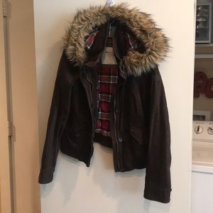 Dark brown, plaid and furry hood coat